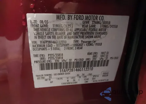 2006 Ford Five Hundred Limited z USA, uszkodzony, nr VIN 1FAFP28146G112210